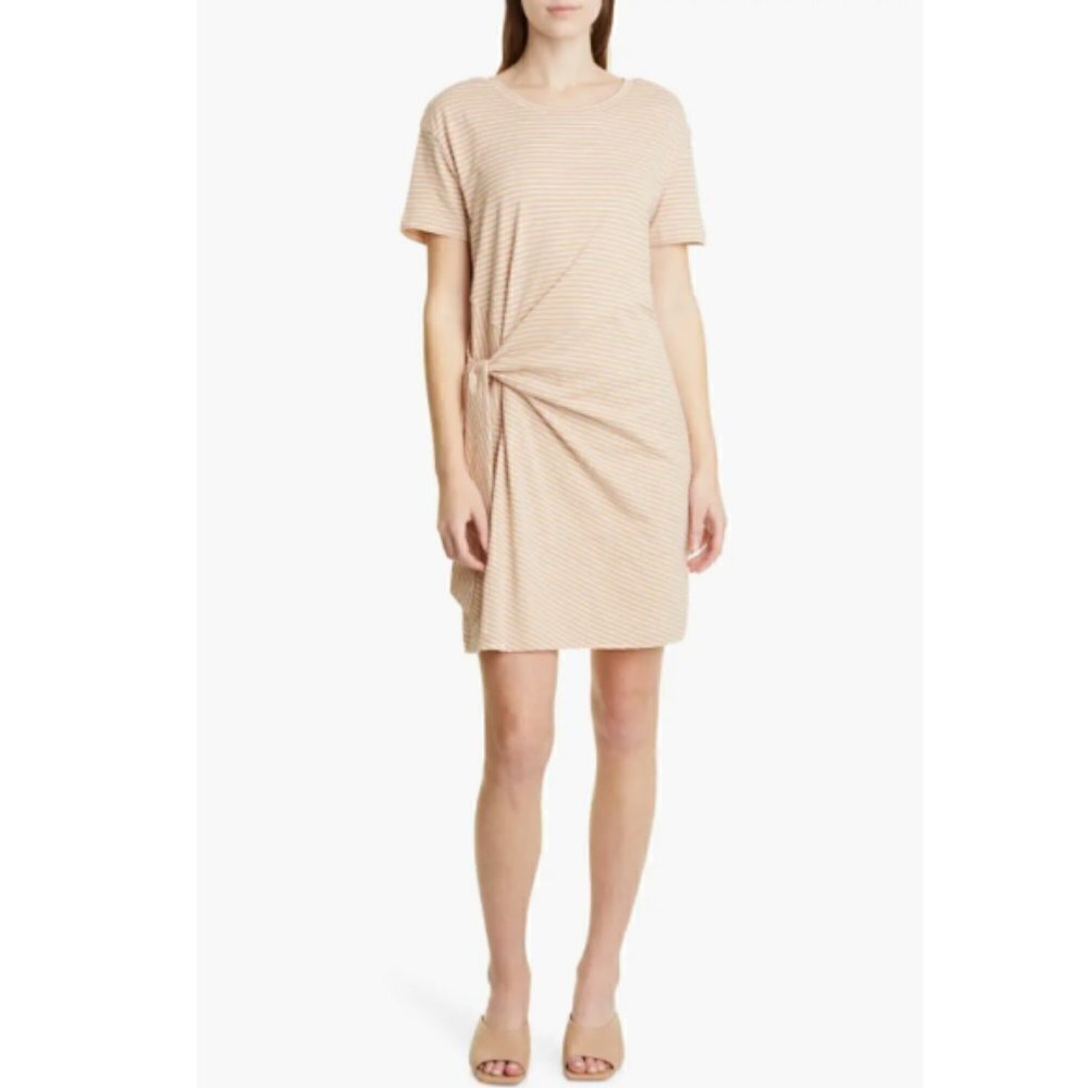 Vince Striped Side-Tie Short-Sleeve Tee Shirt Dress, Brittle/Off-White